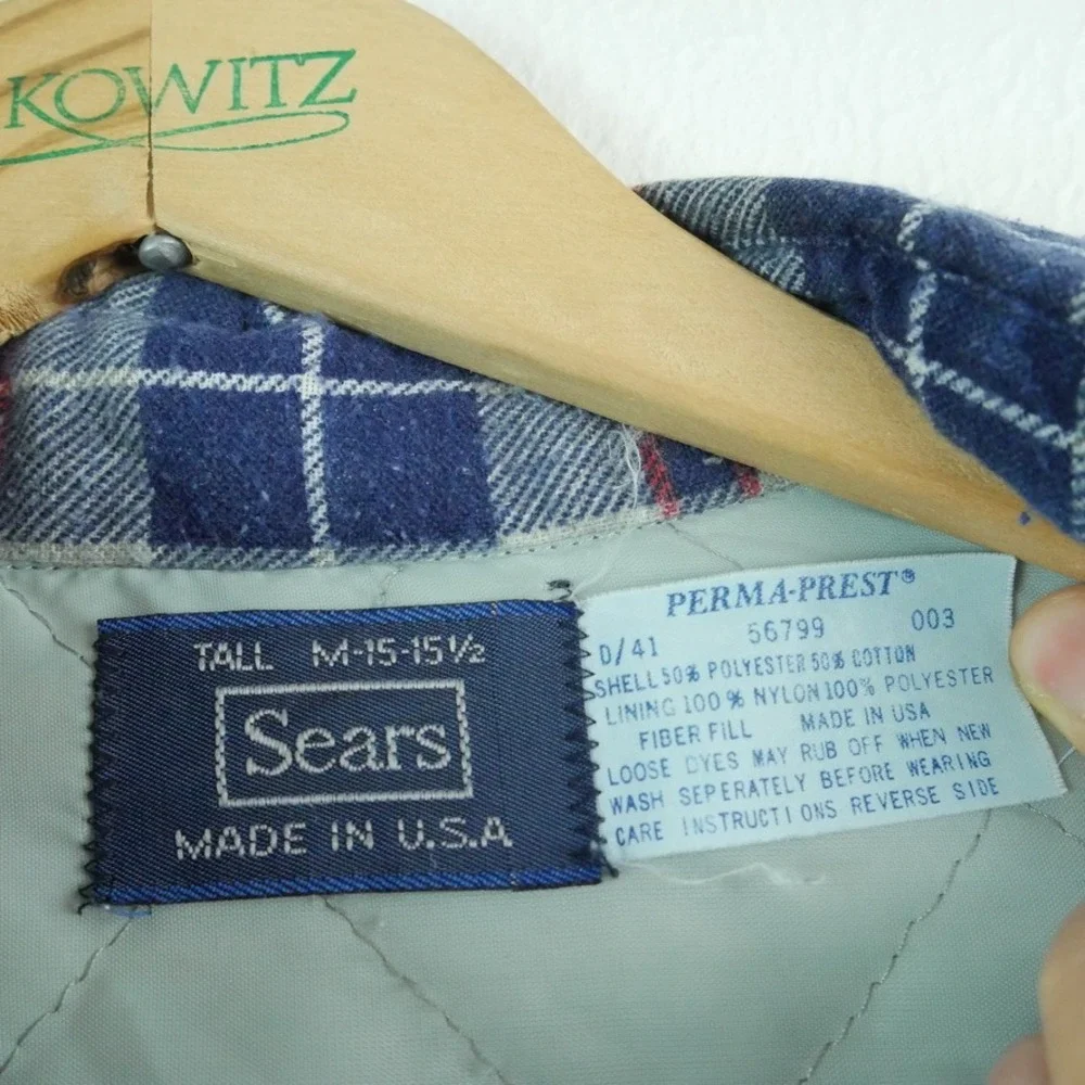 Vintage Sears Perma-Prest Quilted Flannel Shirt Jacket Plaid Medium Tall Work